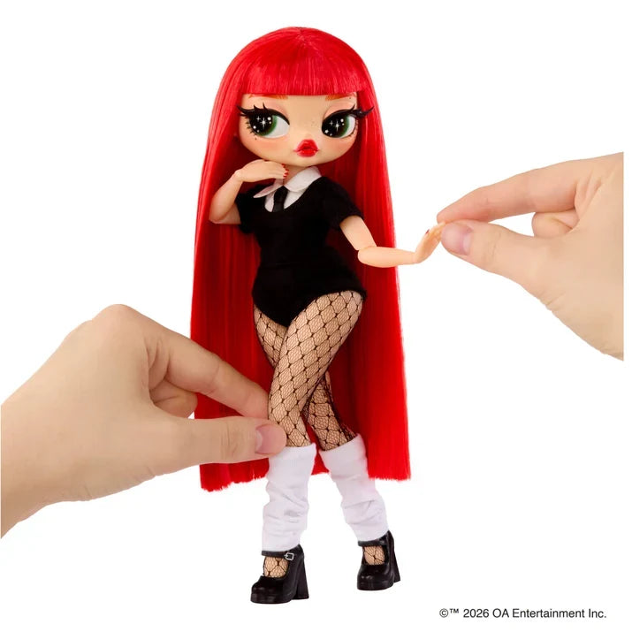 L.O.L. Surprise O.M.G. Music Festival Jennie doll with straight red hair and blunt fringe, wearing a black outfit with a white collar against a white background.