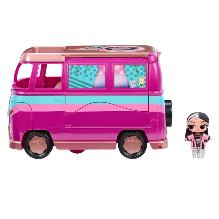 Pink L.O.L. Surprise Music Festival convertible car displayed beside the included Tot doll, showing the smaller vehicle configuration from the transforming tour bus playset.