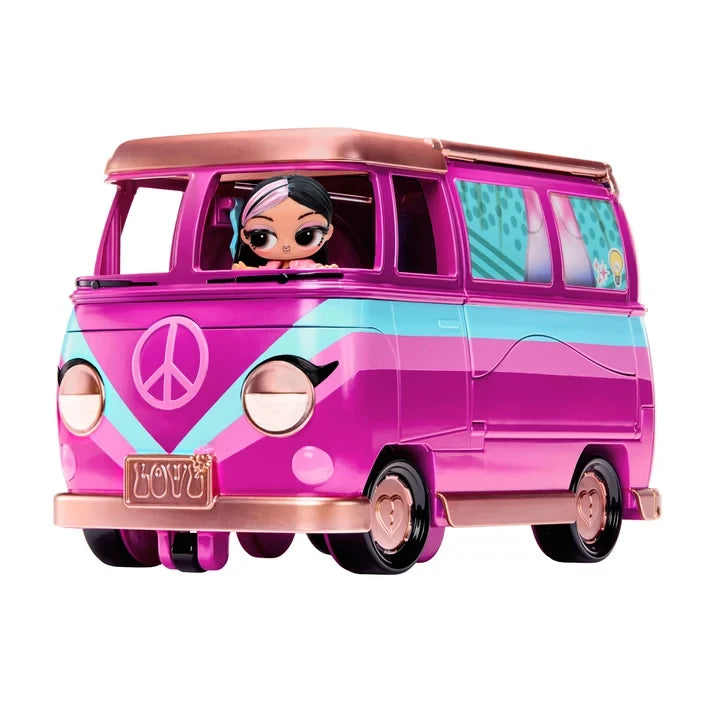Closed L.O.L. Surprise Music Festival Tour Bus in pink and turquoise with a rose gold roof, peace symbol on the front and an L.O.L. Surprise Tot doll sitting in the driver's seat.
