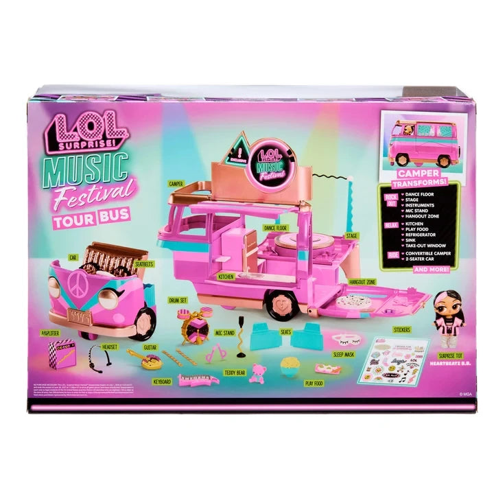 Back of the L.O.L. Surprise Music Festival Tour Bus packaging showing the playset's different features, including the camper, convertible car, kitchen, performance stage, dance floor and hangout zone.