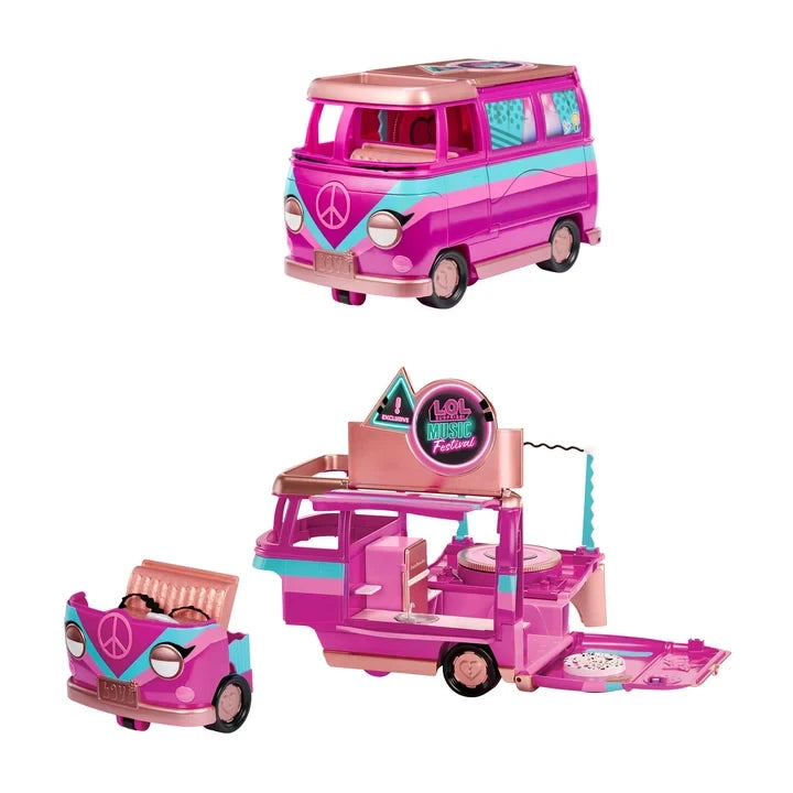 L.O.L. Surprise Music Festival Tour Bus shown in separate configurations, with the vehicle displayed above its opened performance stage and seating sections.
