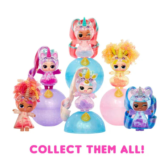 Six LOL Surprise Unicorn Tots dolls posed on colourful display balls with the caption 'Collect Them All' in Ireland