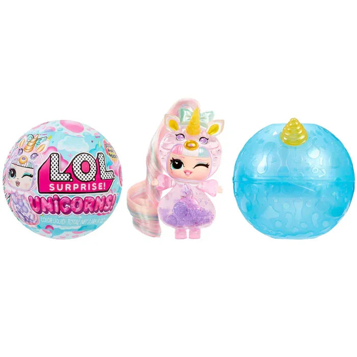 LOL Surprise Unicorn Tots figure with potion-filled body shown beside unopened surprise ball and translucent blue display stand in Ireland