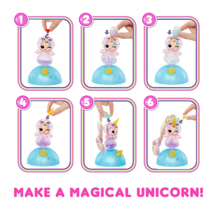 Step-by-step guide showing how to fill a LOL Unicorn Tot with potions using funnel, horn and hair accessories in Ireland