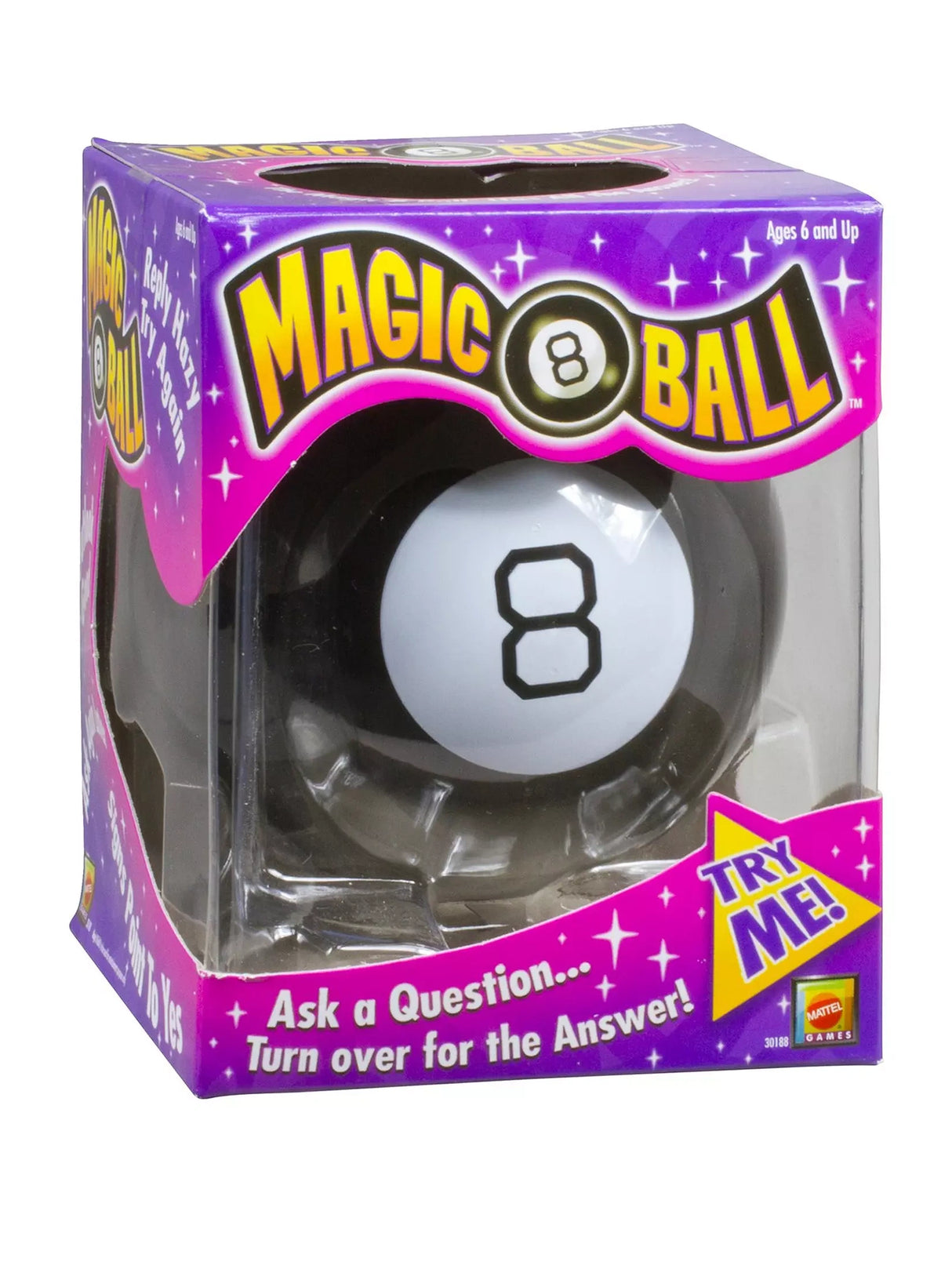 Magic 8 Ball Game in purple boxed packaging with the black ball visible through the front window