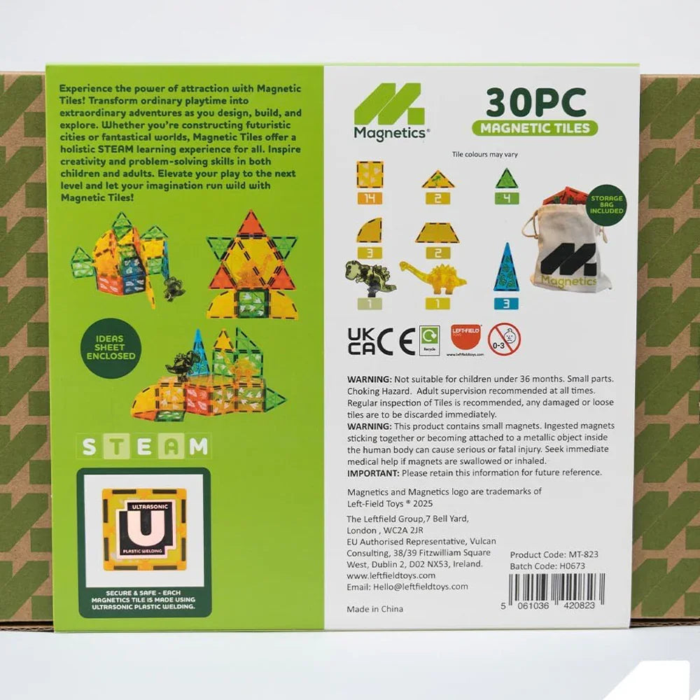 Back of Magnetics 30 piece Dinosaur Expansion Set box showing build ideas tile list and safety information panel