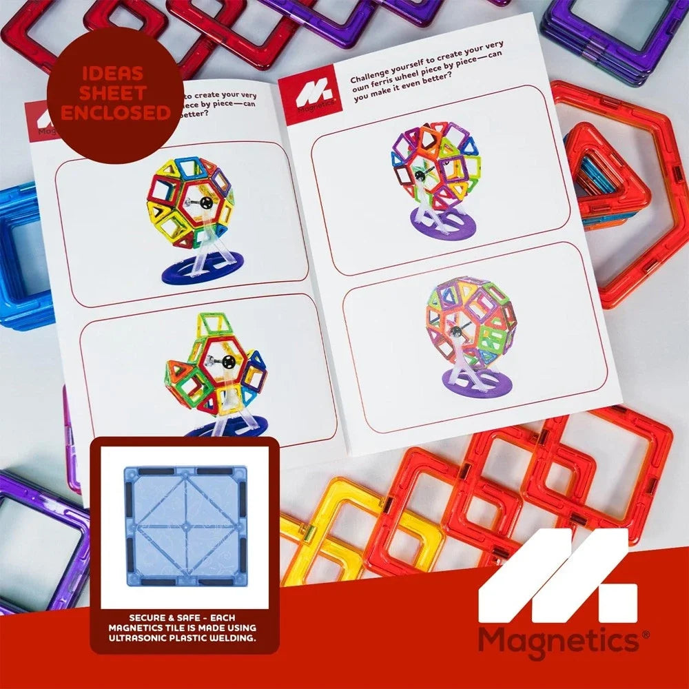 Magnetics Ferris Wheel idea booklet showing colourful build examples with close up of blue magnetic tile and safety note