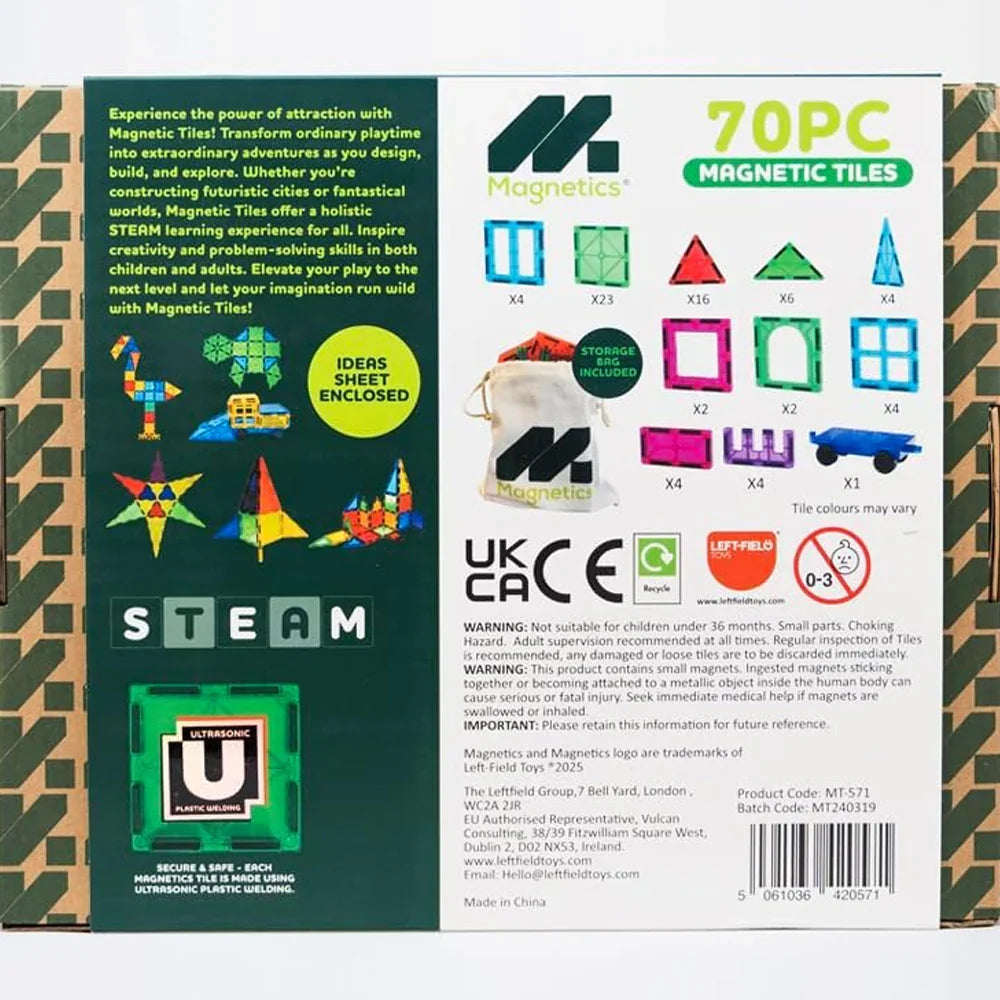Back of Magnetics 70 piece magnetic tiles box showing tile shapes, storage bag, STEAM logo and safety information
