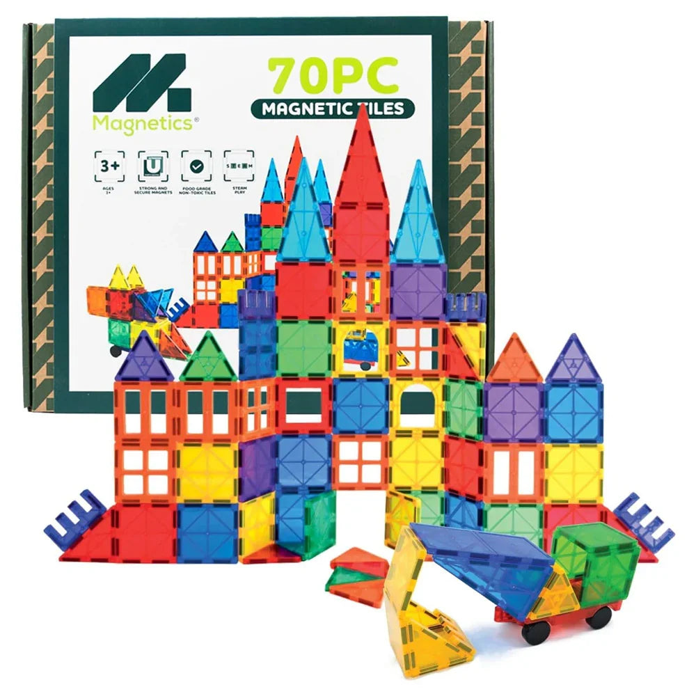 Magnetics 70 piece magnetic tiles building set with colourful castle structure and box packaging in background