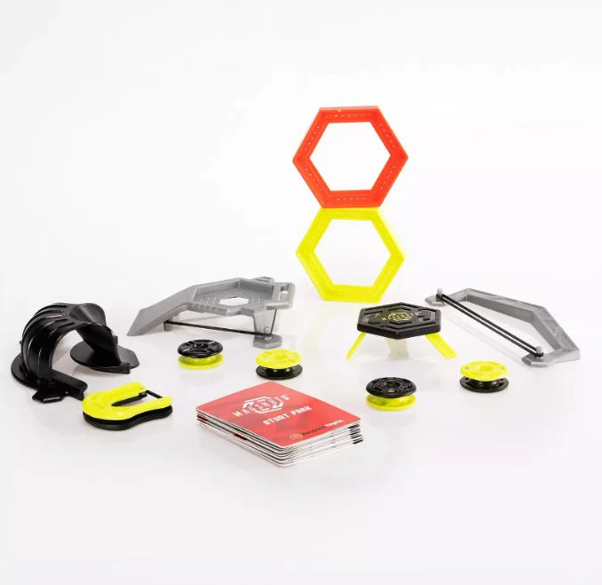 Magshuto Stunt Park play pieces laid out including ramps, targets, discs and challenge cards