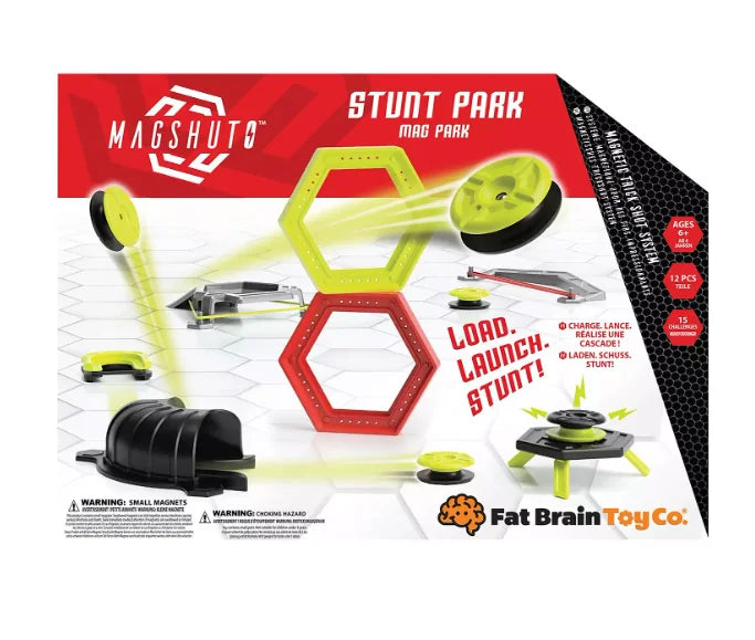 Magshuto Stunt Park retail box showing ramps, hexagonal targets, discs and trick shot setup graphics