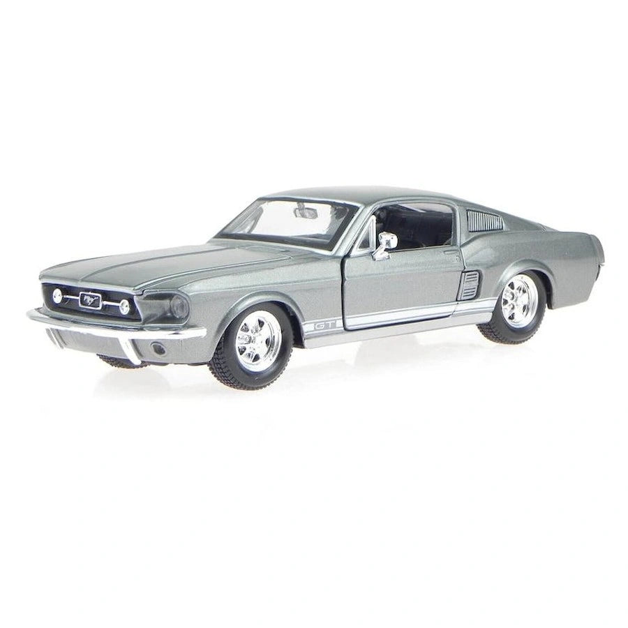 Maisto 1967 Ford Mustang GT metallic grey model in front three quarter view