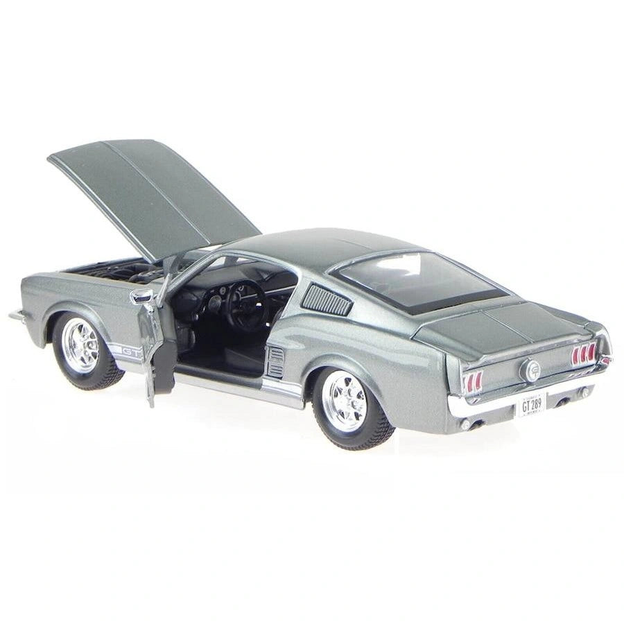Maisto 1967 Ford Mustang GT rear three quarter view with bonnet and driver door open