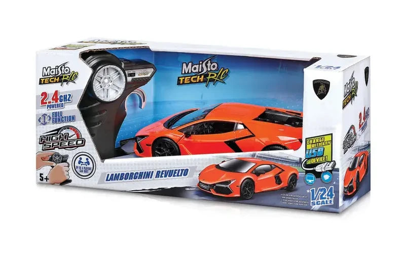 Maisto Tech Lamborghini Revuelto 1:24 RC car inside its blue and white retail box, with the orange car, black steering wheel controller and 2.4GHz branding visible.