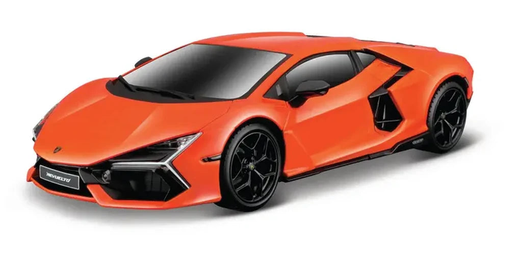 Close front angled view of the orange Lamborghini Revuelto RC car, showing the pointed headlights, black front grille, sculpted bonnet and black alloy wheels.