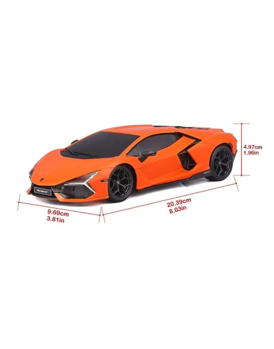 Orange Maisto Tech Lamborghini Revuelto 1:24 RC car with measurement lines showing 20.39cm length, 9.69cm width and 4.97cm height.