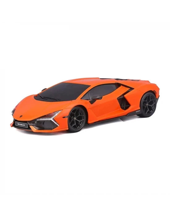 Orange Maisto Tech Lamborghini Revuelto 1:24 RC car viewed from the front at an angle, showing its black wheels, angular headlights, black windows and side air intake.