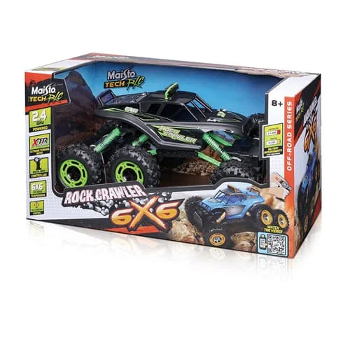 Maisto Rock Crawler 6x6 product box with black and neon-green car shown in window and off-road 6x6 graphics in Ireland
