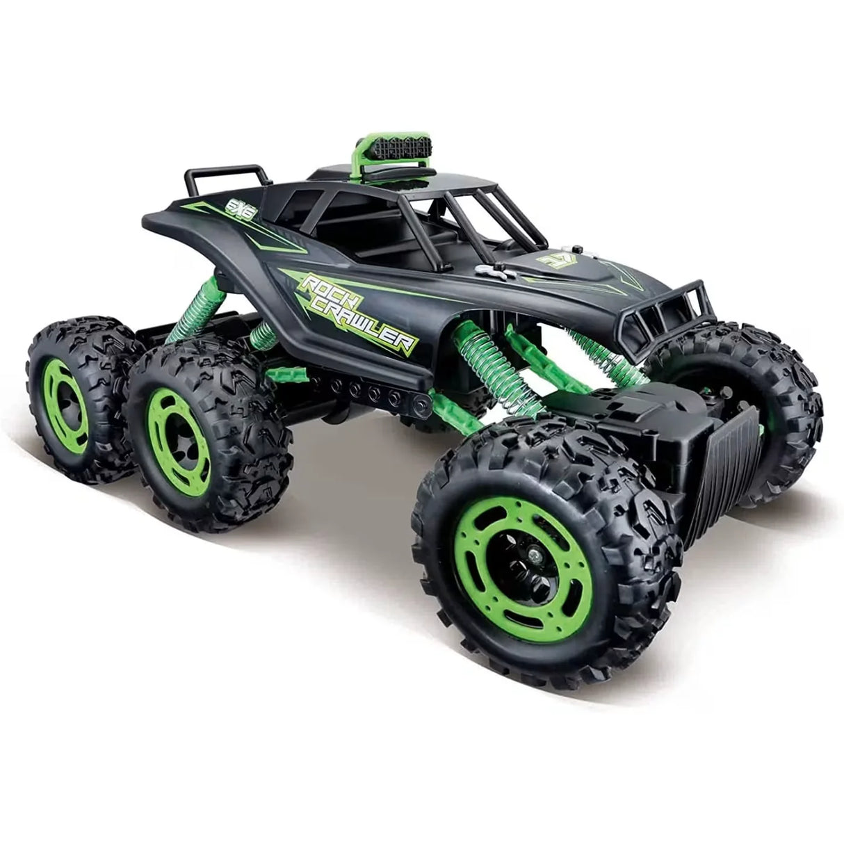 Black and neon-green Maisto Rock Crawler 6x6 RC car climbing rocks, six wheels gripping and springs flexing in Ireland