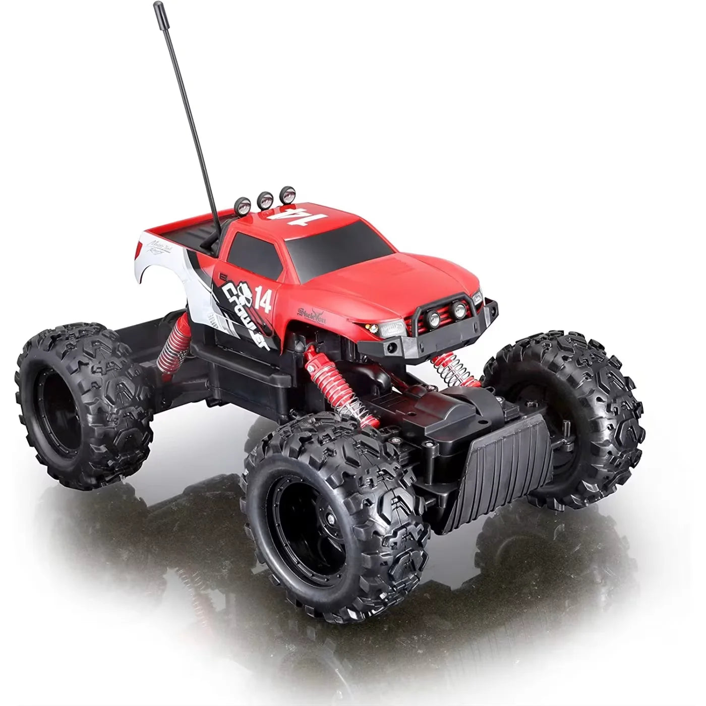 Red and black Maisto Rock Crawler RC truck angled to show number 14, red coil suspension and large tyres in Ireland