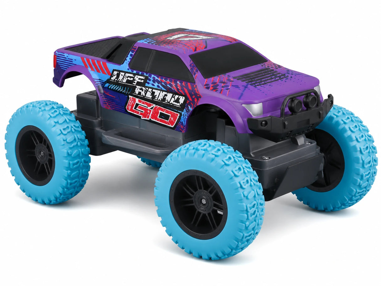 Maisto Tech Off Road Go purple RC truck with blue chunky tyres front angle