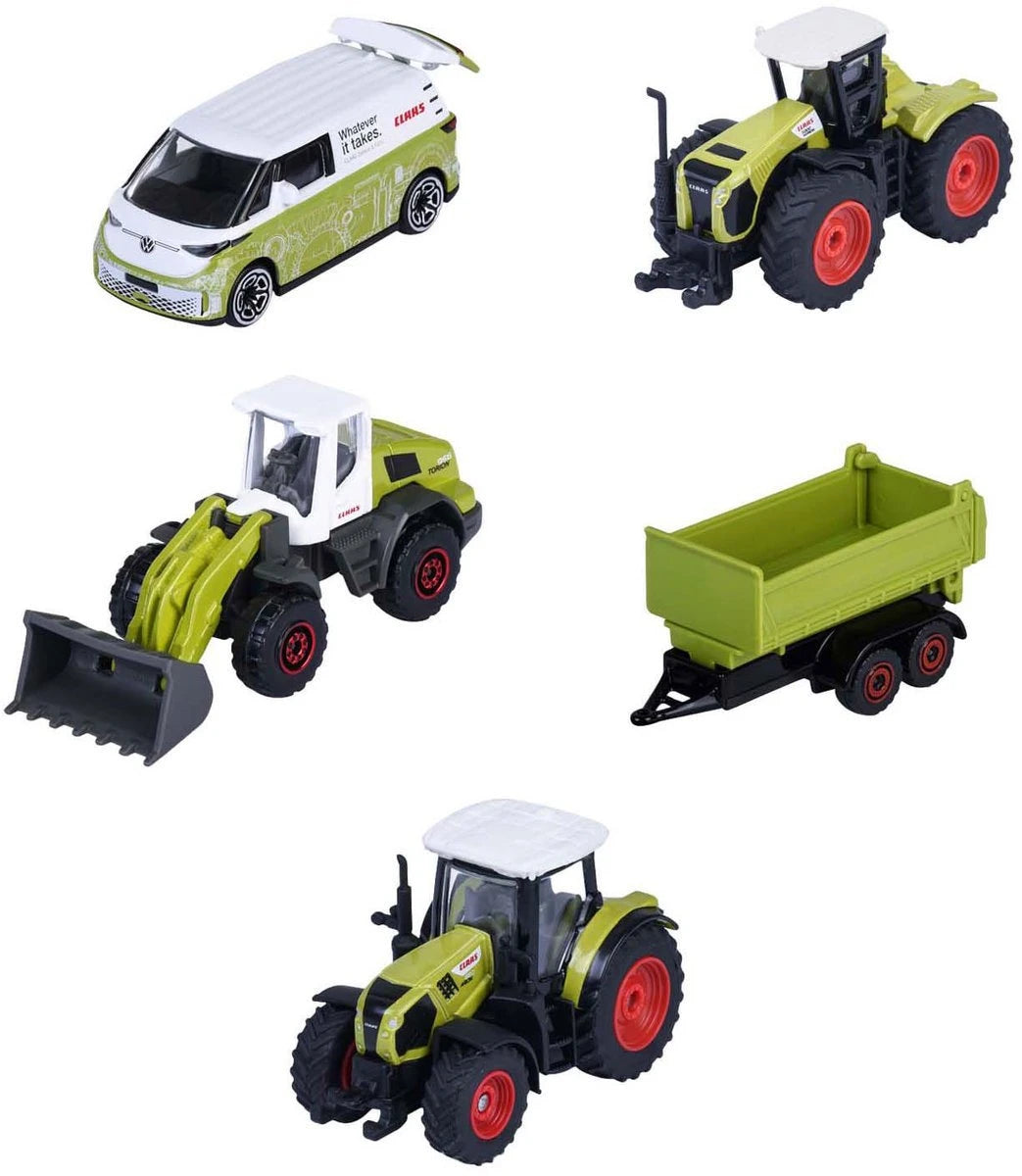 Majorette Claas Farm 5 Piece Giftpack front view of all five vehicles including Claas Xerion tractor, Torion front loader, farm trailer, Arion tractor and CLAAS VW ID Buzz van