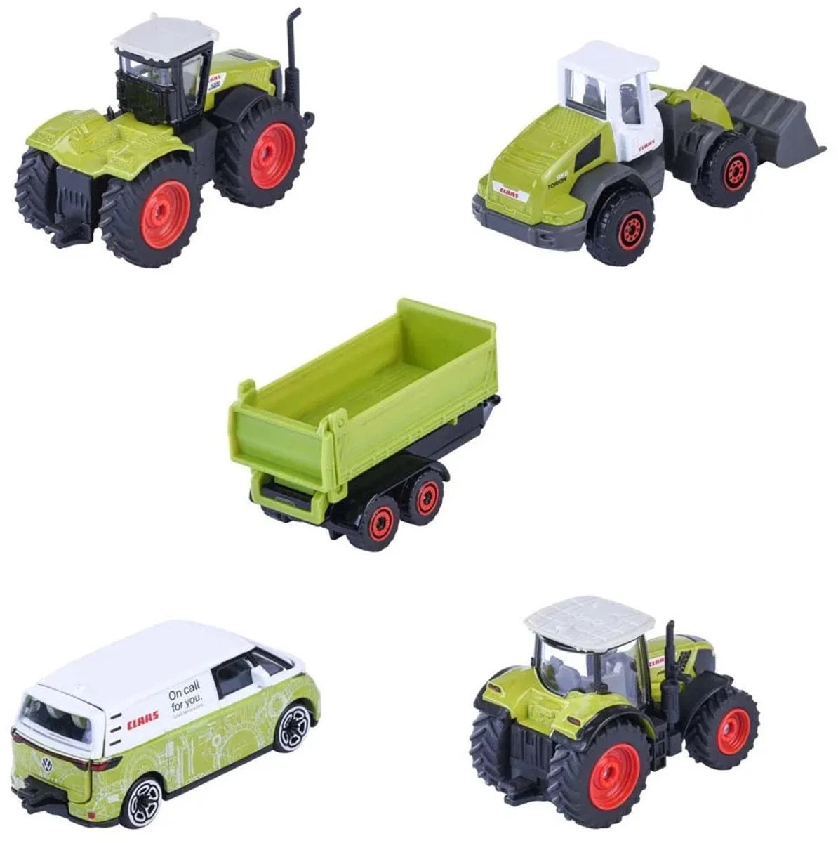 Majorette Claas Farm 5 Piece Giftpack rear view of all five die-cast vehicles showing Xerion tractor, Torion loader, green trailer, VW ID Buzz van and Arion tractor