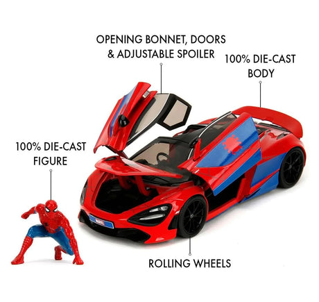 Marvel Spider-Man McLaren 720S diecast car with doors open and Spider-Man figure beside it highlighting detailed interior and working features