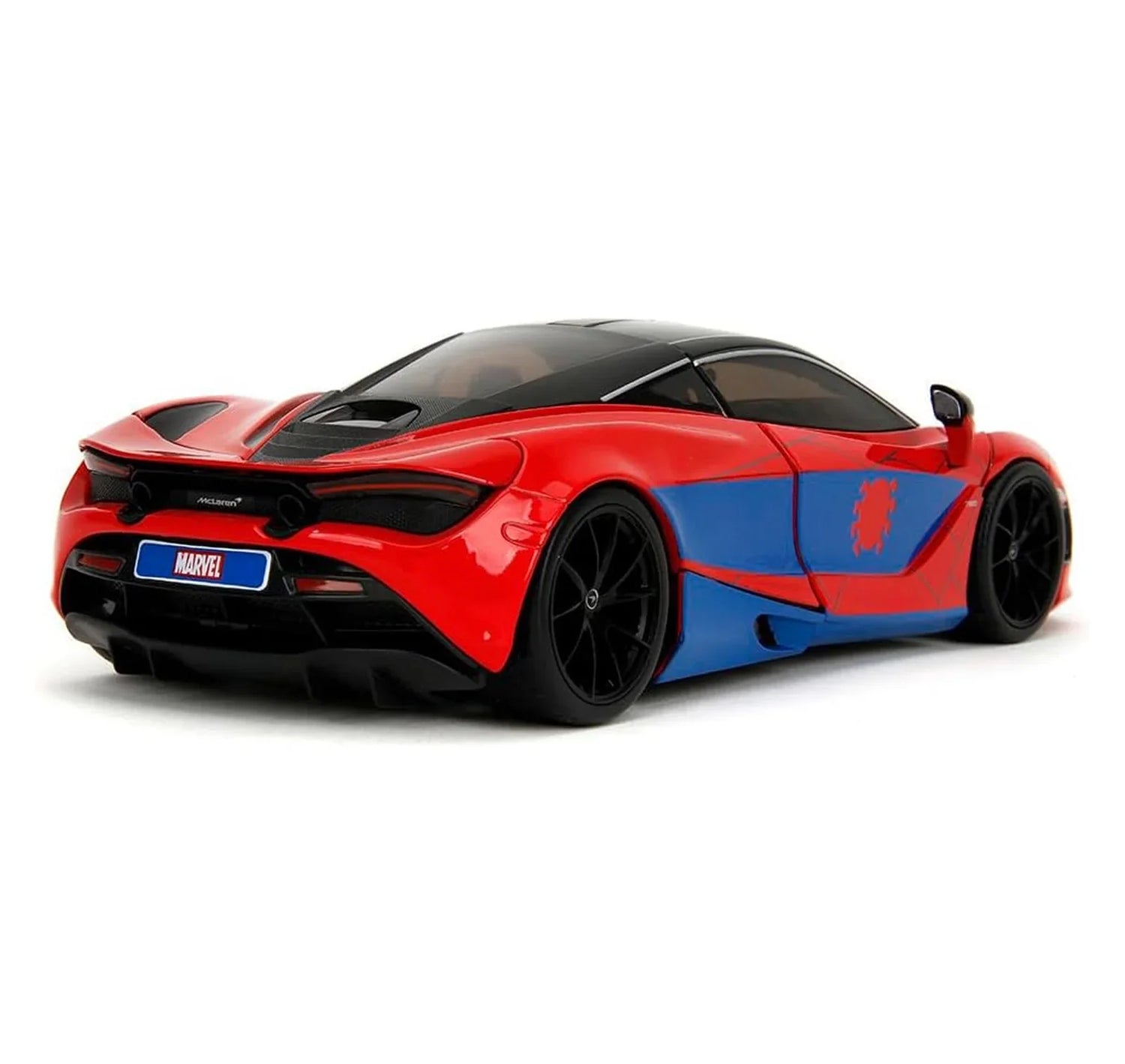 Rear view of Marvel Spider-Man McLaren 720S diecast car by Jada Toys showing black spoiler and red and blue paint design inspired by the hero