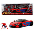 Boxed Marvel Spider-Man McLaren 720S 1:24 Diecast Car Set by Jada Toys with Spider-Man figure and red-and-blue supercar inside display packaging