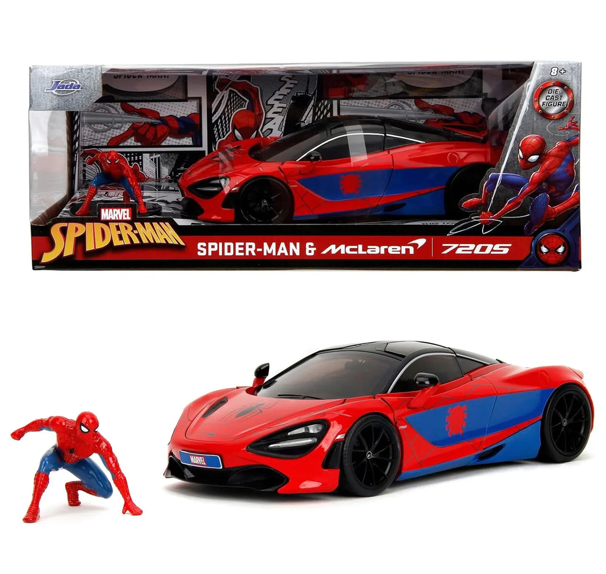 Boxed Marvel Spider-Man McLaren 720S 1:24 Diecast Car Set by Jada Toys with Spider-Man figure and red-and-blue supercar inside display packaging