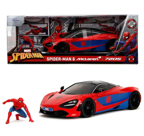 Boxed Marvel Spider-Man McLaren 720S 1:24 Diecast Car Set by Jada Toys with Spider-Man figure and red-and-blue supercar inside display packaging