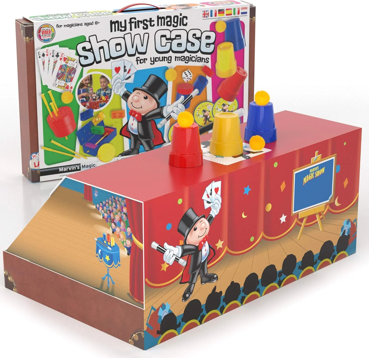 Magic case transformed into performance table with cups and props on stage print – Ireland