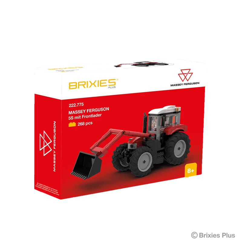 BRIXIES Plus Massey Ferguson 5S with Front Loader building set in its red and white retail box with the completed tractor pictured on the front