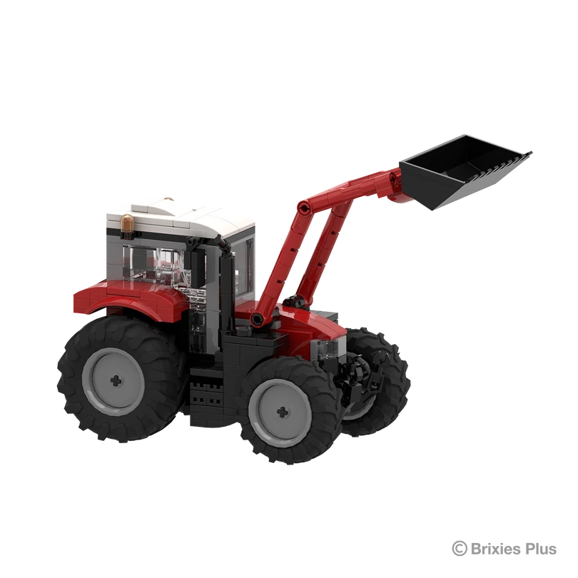 BRIXIES Plus Massey Ferguson 5S viewed from the side with the front loader bucket raised high above the red tractor body