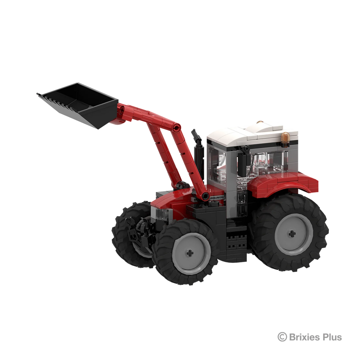 Front angled view of the BRIXIES Plus Massey Ferguson 5S showing the raised front loader, black bucket, red bonnet, cab and front wheels