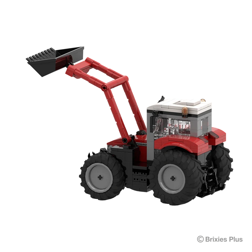 Rear left view of the BRIXIES Plus Massey Ferguson 5S with the raised loader arms, black bucket, enclosed cab and large rear tyre visible