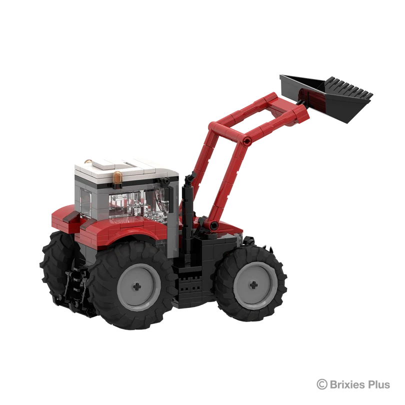 Rear right view of the BRIXIES Plus Massey Ferguson 5S showing the loader frame, raised bucket, cab and rear tractor body