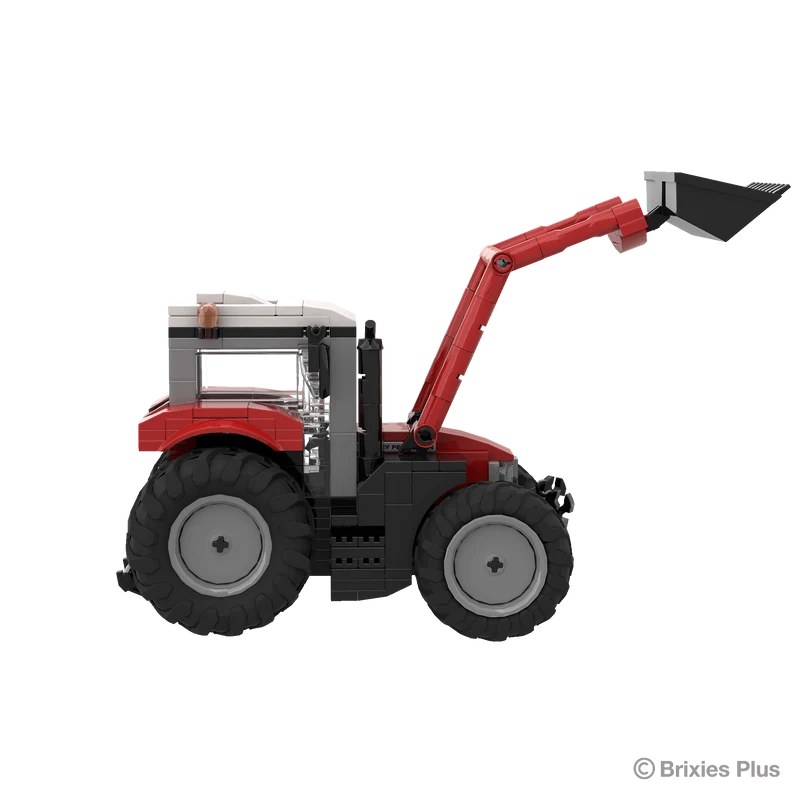 BRIXIES Plus Massey Ferguson 5S with front loader in right side profile with the bucket raised above the bonnet and the red loader frame mounted beside the cab