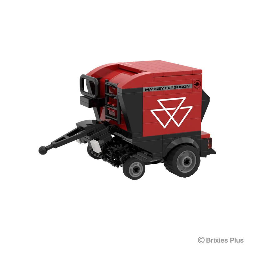 Front left view of the BRIXIES Plus Massey Ferguson RB F round baler showing the pickup assembly, drawbar, red side panel and large wheel