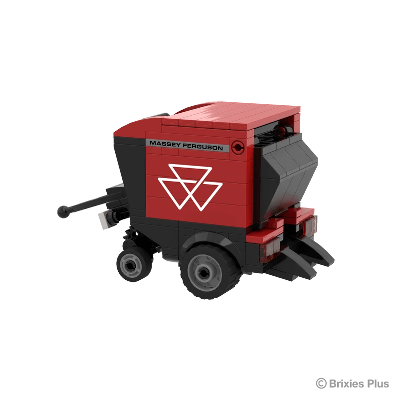 Rear left view of the BRIXIES Plus Massey Ferguson RB F round baler showing the rear opening, red body panels and wheel arrangement