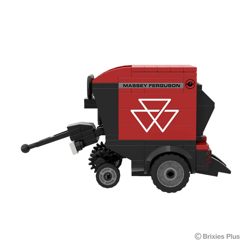 BRIXIES Plus Massey Ferguson RB F round baler in left side profile with Massey Ferguson branding, red bodywork, drawbar and pickup section visible