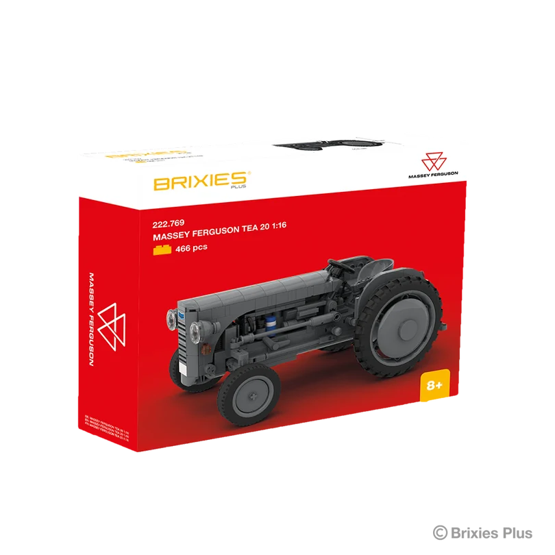 BRIXIES Plus Massey Ferguson TEA 20 building set in its red Massey Ferguson retail box with the completed grey tractor pictured on the front