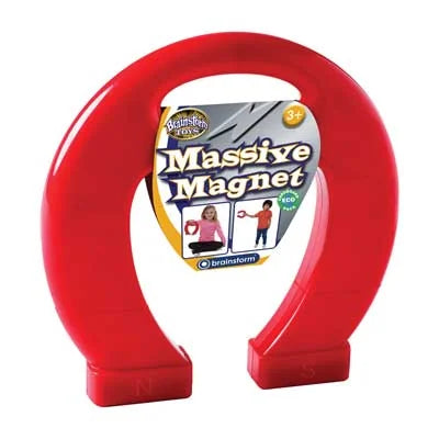 Massive Magnet red horseshoe shaped toy shown in packaging with magnetic poles and science learning label