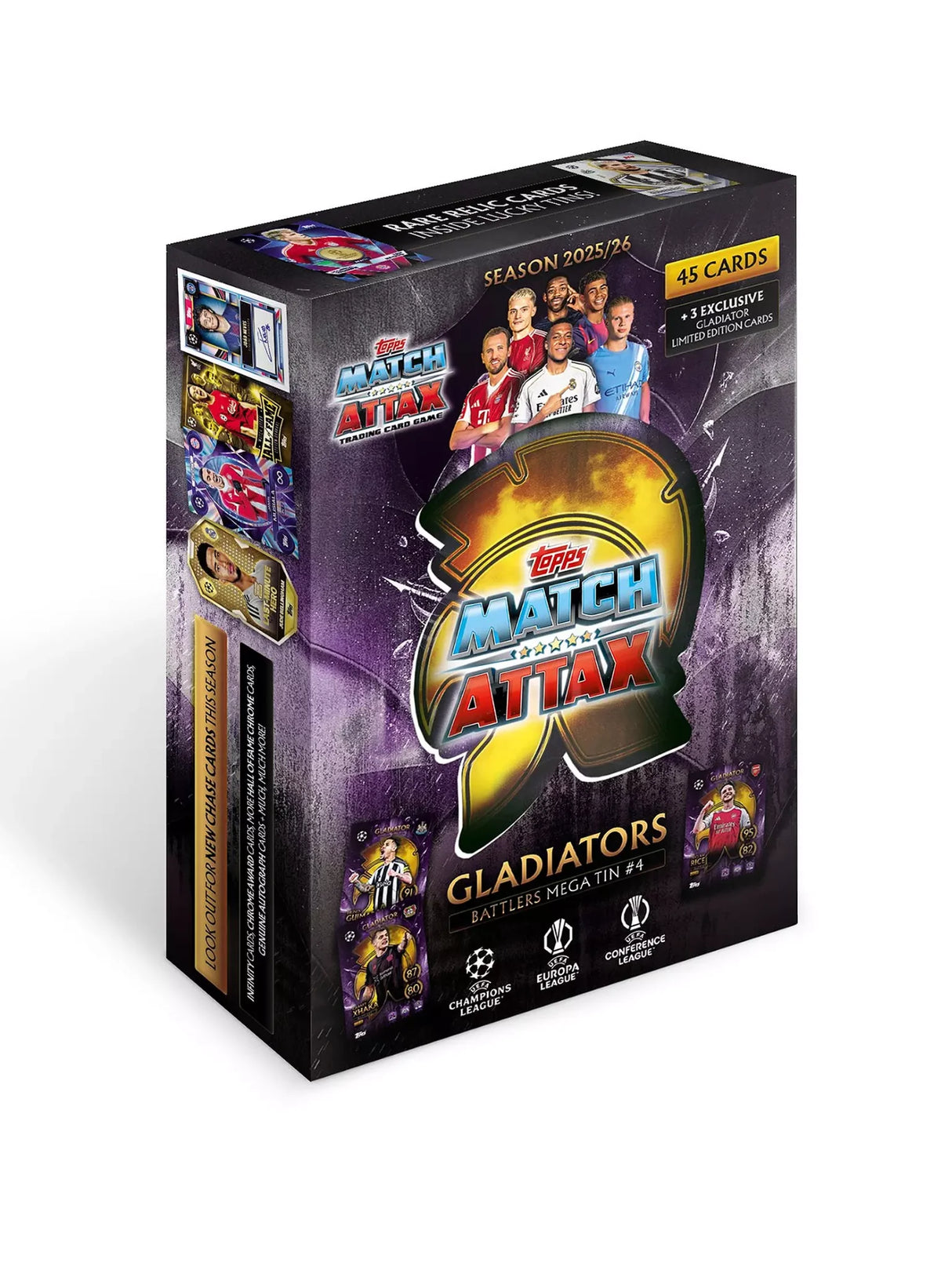 Angled image of the Match Attax 2025/26 Mega Tin highlighting UEFA league branding in Ireland