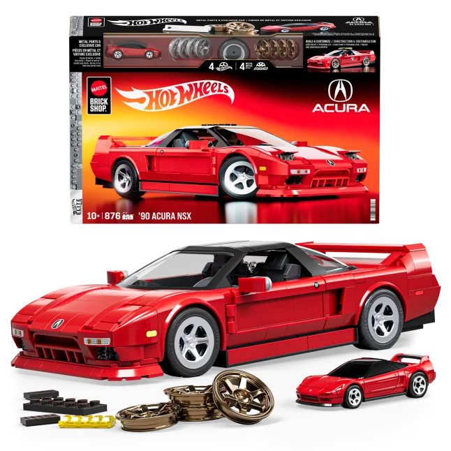 Hot Wheels Acura NSX box with built red model, small diecast car, wheel covers and accessories