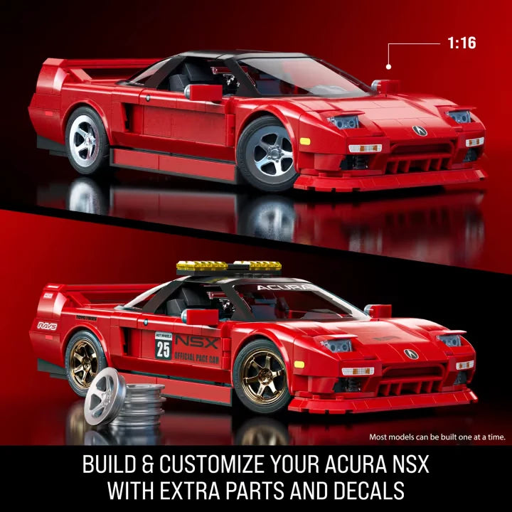 Two red Hot Wheels Acura NSX build versions shown with extra parts and 1:16 scale callout