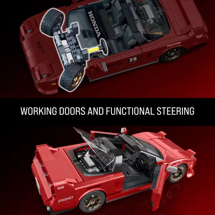 Red Hot Wheels Acura NSX model shown with open doors and steering detail text on a black and red graphic