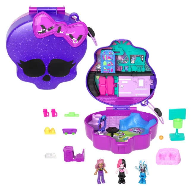 Open Polly Pocket Monster High compact showing high school playset and accessories – Ireland
