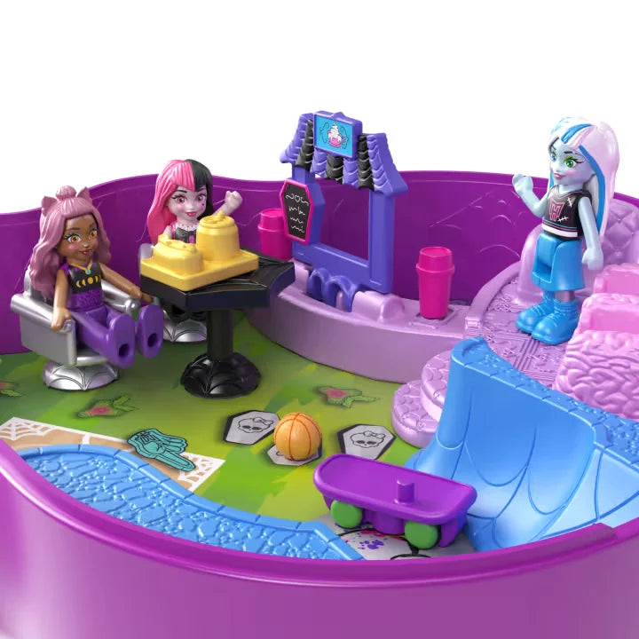 Close-up of dolls inside Polly Pocket Monster High skatepark scene – Ireland